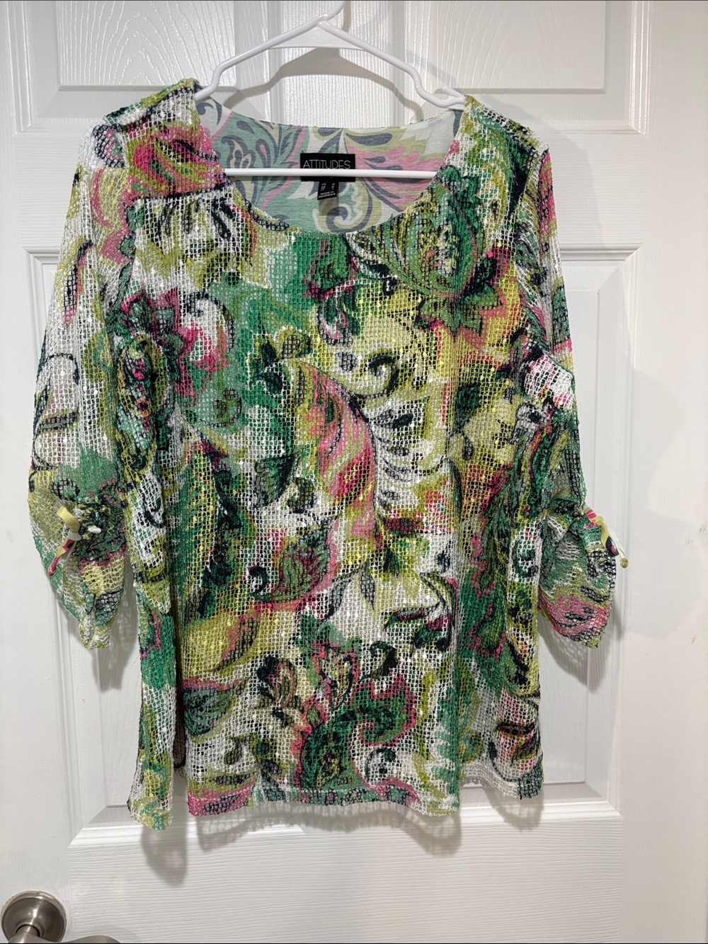 ATTITUDES BY RENEE Women's Multicolor Textured Floral Knit Top 3/4 Sleeve